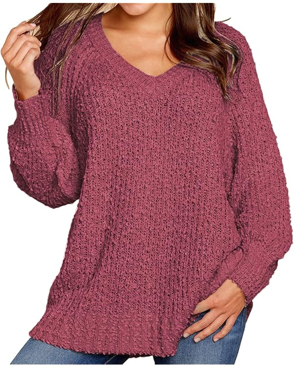 KIRUNDO 2023 Fall Winter Women's Fuzzy Popcorn Sweaters V Neck Long Sleeves Loose Fit Pullover So... | Amazon (US)