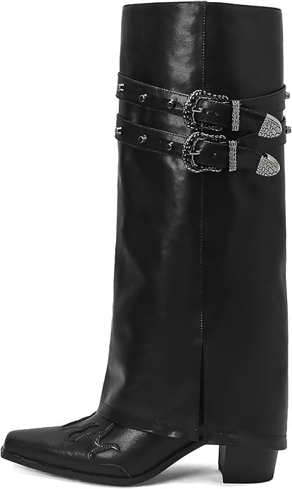 JANSEVEN Women’s Fold Over Boots Cowboy Knee High Boot Chunky Block Mid Heel Pull On Boots with... | Amazon (US)