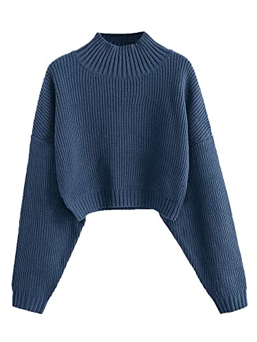 ZAFUL Women's Cropped Turtleneck Sweater Lantern Sleeve Ribbed Knit Pullover Sweater Jumper (1-Slate Blue, Small) | Amazon (US)
