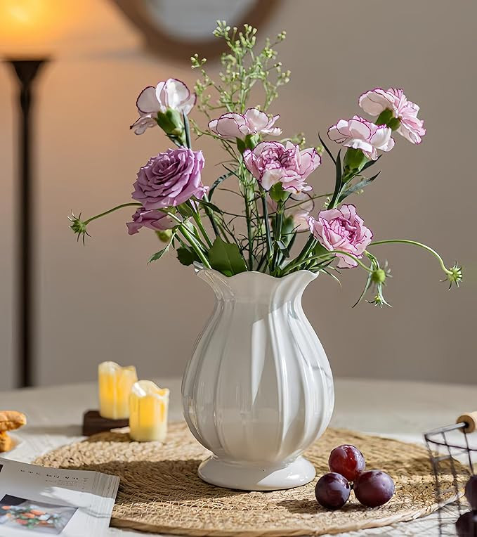 White Ceramic Vase,7.8" Ribbed Farmhouse Flower Vase with Scalloped Rim, Decorative Vase for Livi... | Amazon (US)