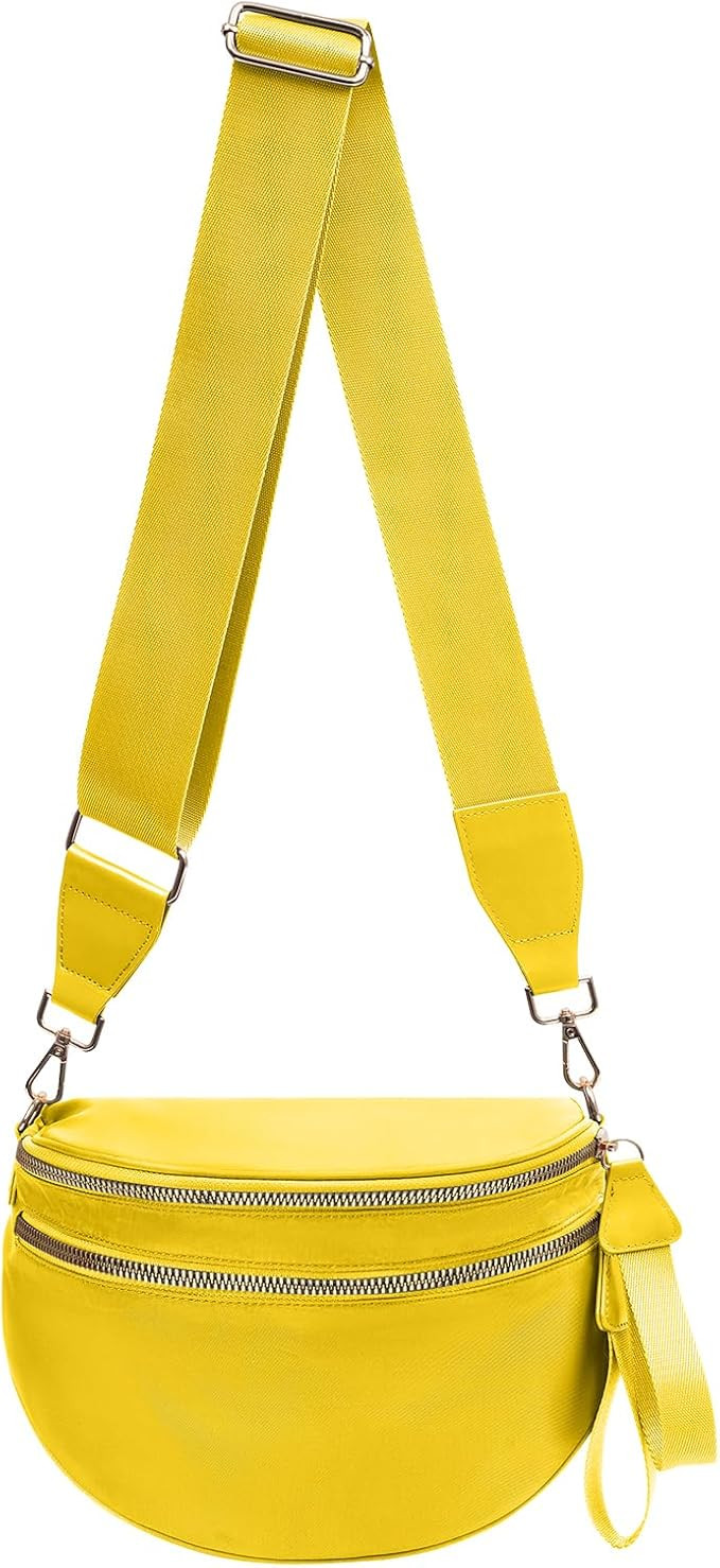 Nylon Crossbody Bags Bum Bag for Women Large Sling Bag Purse with Adjustable Strap（Yellow） | Amazon (US)