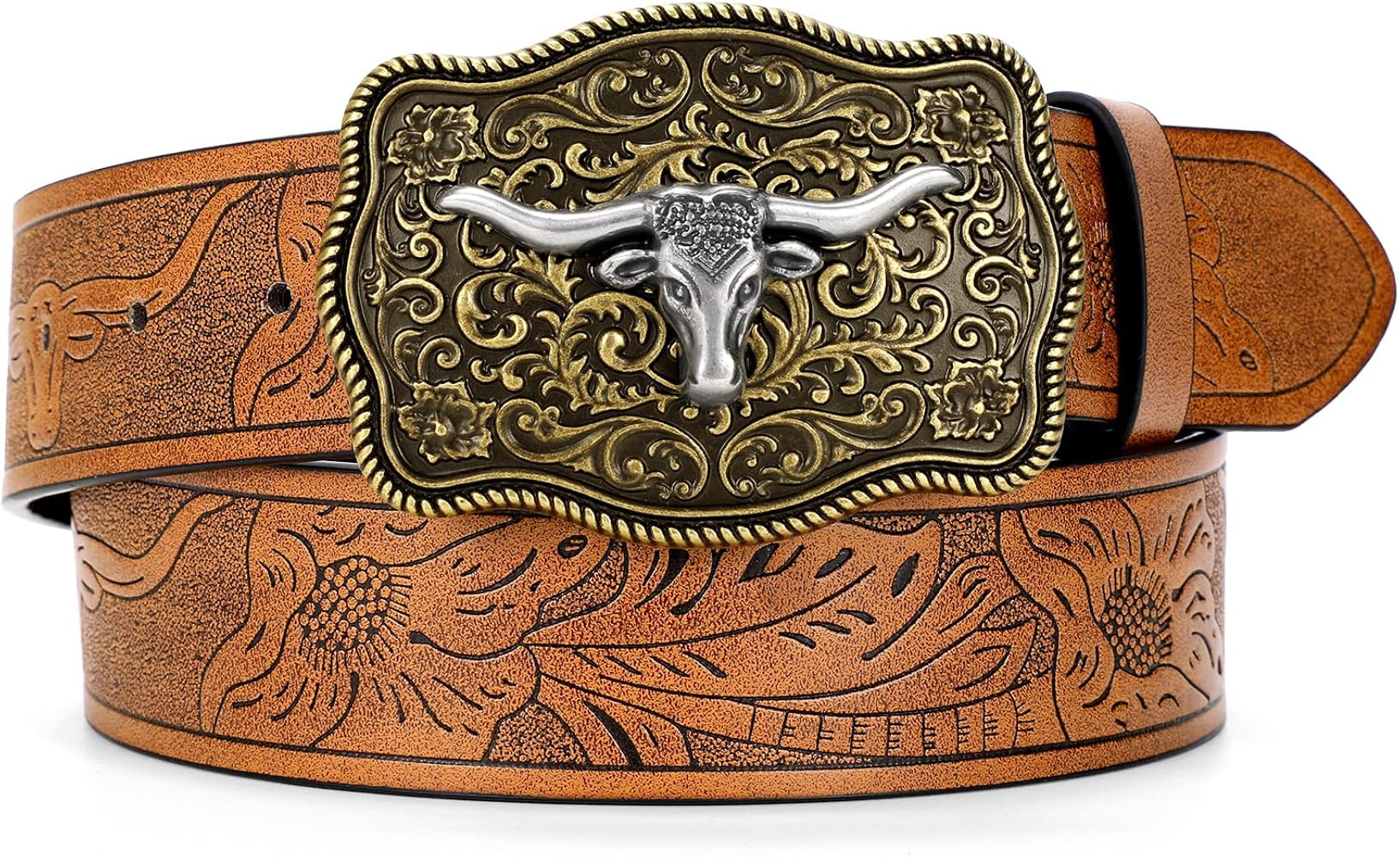 SUOSDEY Women Western Leather Belt, Cowboy Cowgirl Belt for Jeans Pants Longhorn Bull Big Buckle ... | Amazon (US)