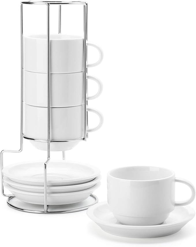 Sweese 406.401 Porcelain Stackable Cappuccino Cups with Saucers and Metal Stand - 8 Ounce for Spe... | Amazon (US)
