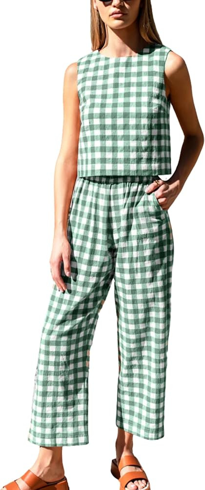Gozoloma Women's Gingham 2 Piece Set Tank Top and Loose Fit Pants with Pockets Casual Summer Matc... | Amazon (US)