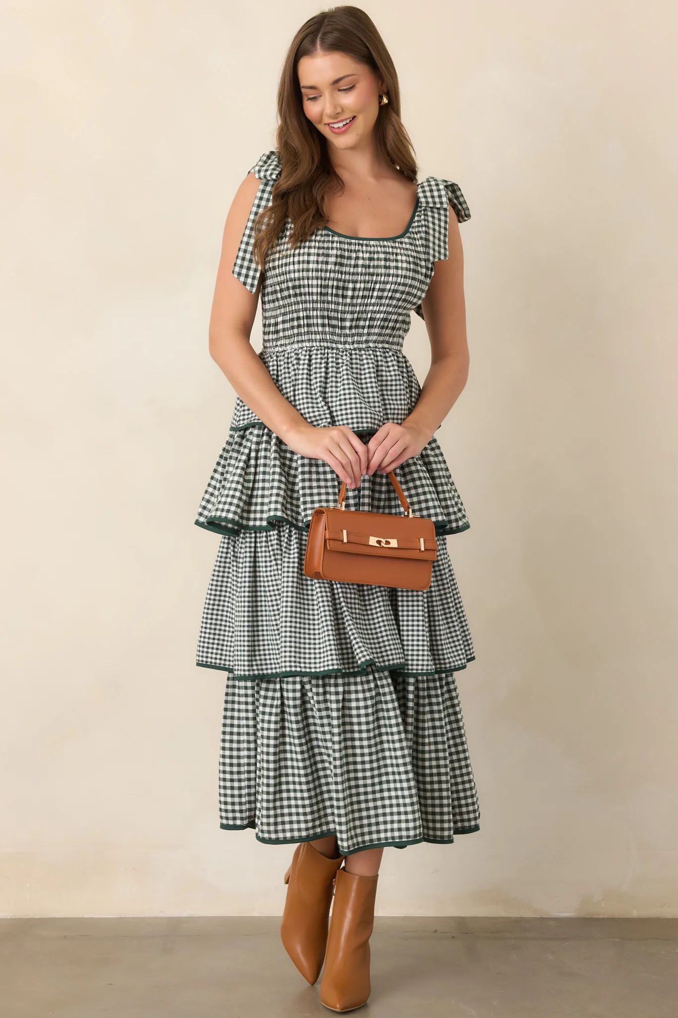 Garden Party Plans Hunter Green Gingham Tiered Midi Dress M / Green | Red Dress