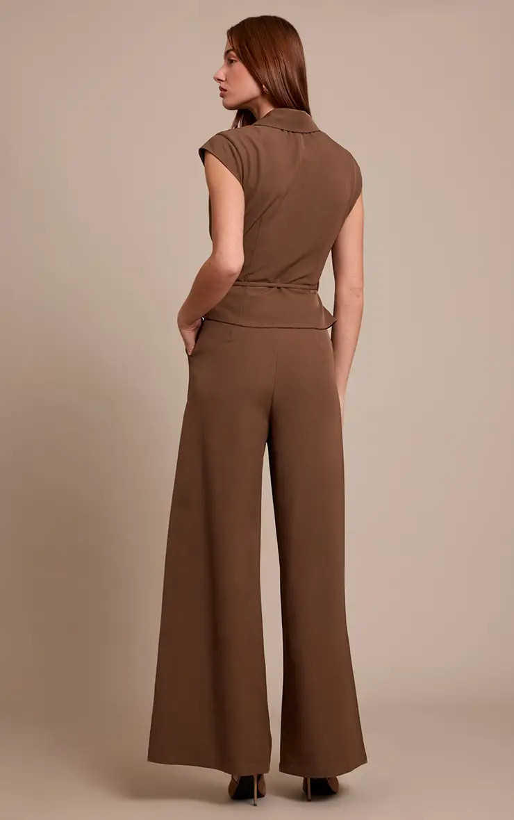 Chocolate Tailored Woven Tie Waist Wide Leg Jumpsuit | PrettyLittleThing UK
