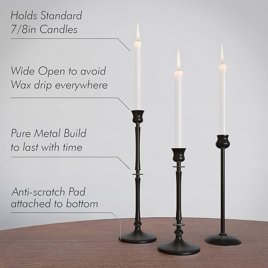 Matte Black Taper Candlestick Holders Set of 3 - Metal Taper Candle Holders for Candlesticks - Ca... | Amazon (US)
