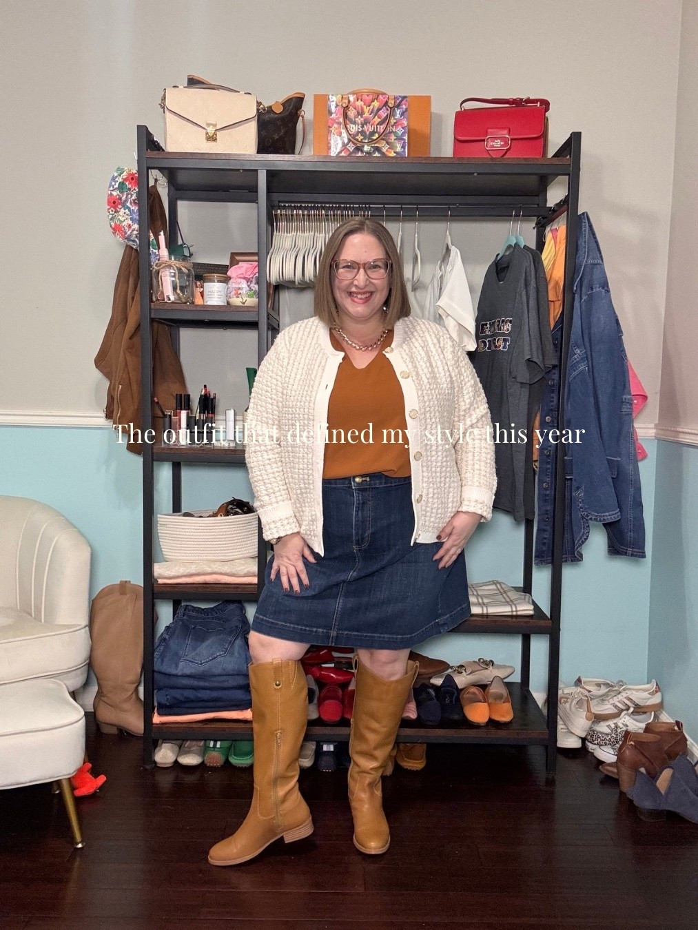 The outfit that defined my style this year. 

If I had to choose one outfit that summed up my outfit this year, it’s this. 

A denim skirt that feels timeless. 

Knee high boots that make me feel powerful. 

A soft and structured lady-jacket cardigan with just enough gold sparkle. 

Classic. Comfortable. A little elevated. 

This is the year that I fully embraced dressing for how I want to feel — regardless of the dress code. 

More reflection coming, but this outfit feels like the place to start.

#LTKPlusSize #LTKootd #LTKHoliday