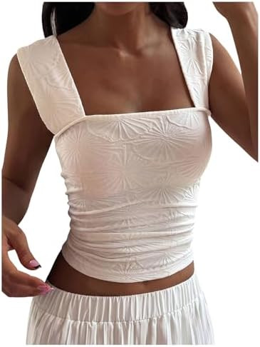 RoseSeek Women's Floral Embossed Tank Tops Square Neck Sleeveless Crop Tops | Amazon (US)