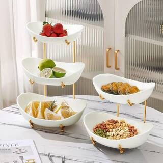 3-Tier White Ceramic Fruit Bowl with Metal Gold Stand, Fruit Basket for Kitchen Counter | The Home Depot