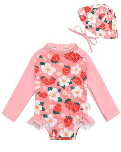 babygoal Toddler Baby Girl One-Piece Swimsuit Long Sleeve Rash Guard with Hat Set, Strawberry Zipper Toddler Bathing Suit for Beach & Pool- YZU09-2-3T-B | Amazon (US)