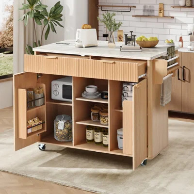 52" Fluted Kitchen Island With Drop Leaf And Adjustable Shelves, Rolling Island Table With 2 Doors, 2 Drawers, Power Outlet | Wayfair North America