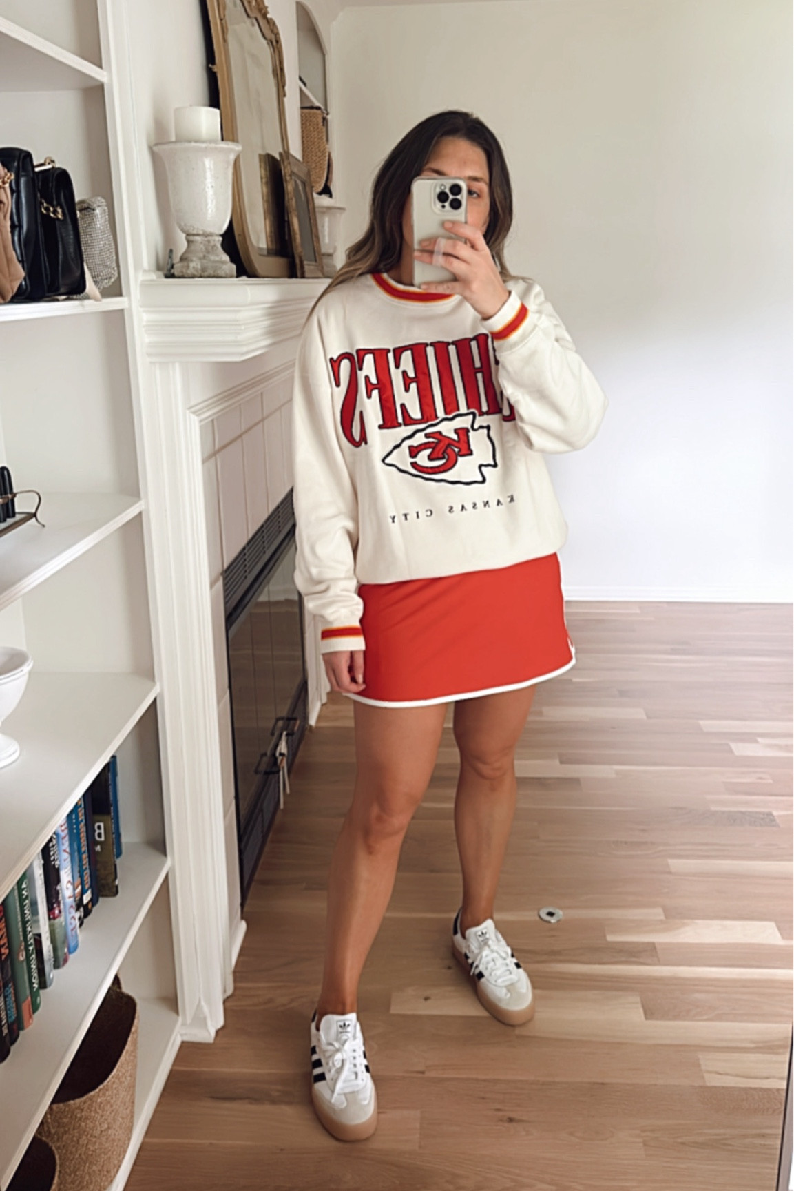 Wearing a size medium. Chiefs sweatshirt. NFL. Kansas City chiefs. Abercrombie. Fan gear. Football. Men’s. Fall outfit. Summer outfit. Red outfit. Skort. Adidas Sambae. Sneakers. Casual chic. Mom chic. Everyday outfit. Mom outfit. 4th of July outfit     #ltkmidsize #ltkmens #ltkactive

#LTKSummerSales #LTKStyleTip #LTKFindsUnder100