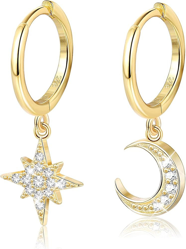 Milacolato 925 Sterling Silver Star Moon Dangle Hoop Earring CZ Drop Huggie Earrings Cute Cartila... | Amazon (US)