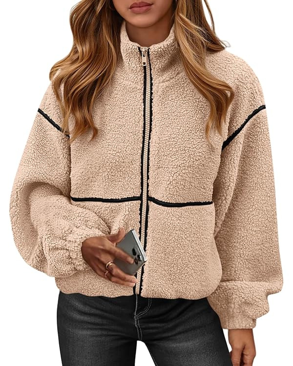 KIRUNDO Fleece Jacket Women Sherpa Oversized Zip Up Fall Jackets Winter Coats Faux Fur Warm Outwe... | Amazon (US)