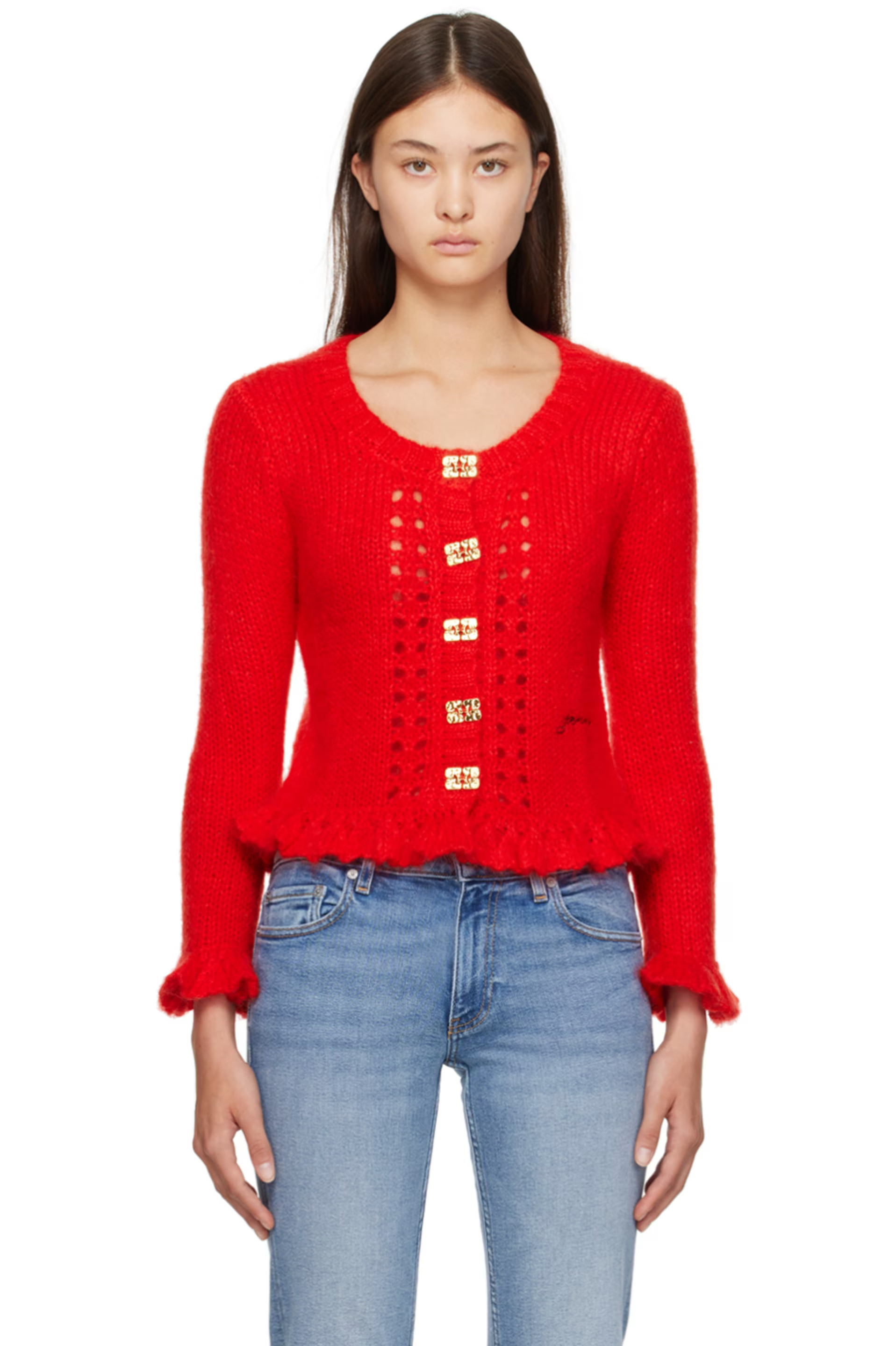 GANNI - Red Ruffled Cardigan | SSENSE