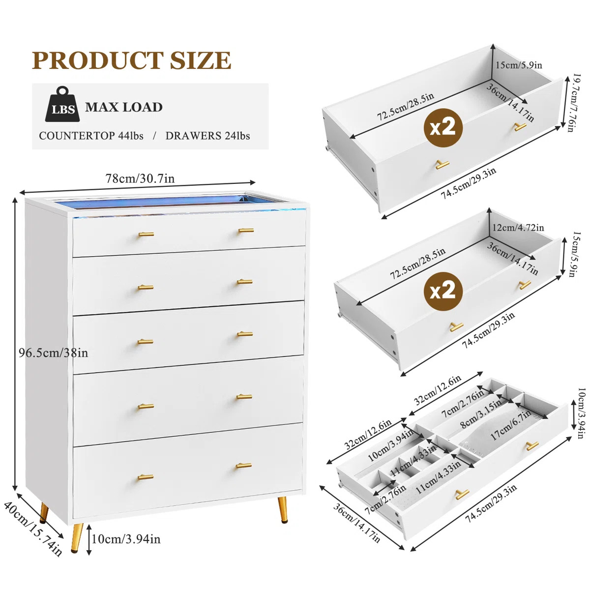 30.7"W 5 Drawer Dresser with LED Lights, 39"H Tall Chest Of Drawers For Bedroom & Wardrobe Closet... | Wayfair North America