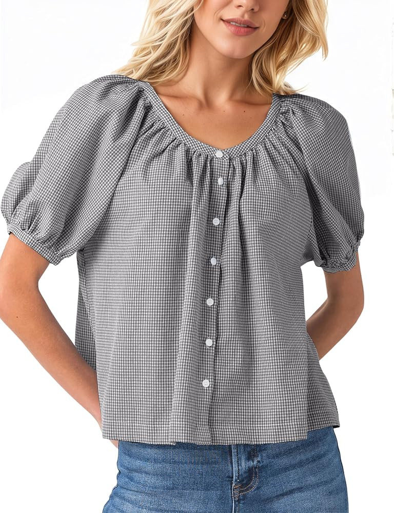 MISSACTIVER Plaid Puff Short Sleeve Shirts Women Button Down Crew Neck Babydoll Tops Summer Flowy... | Amazon (US)