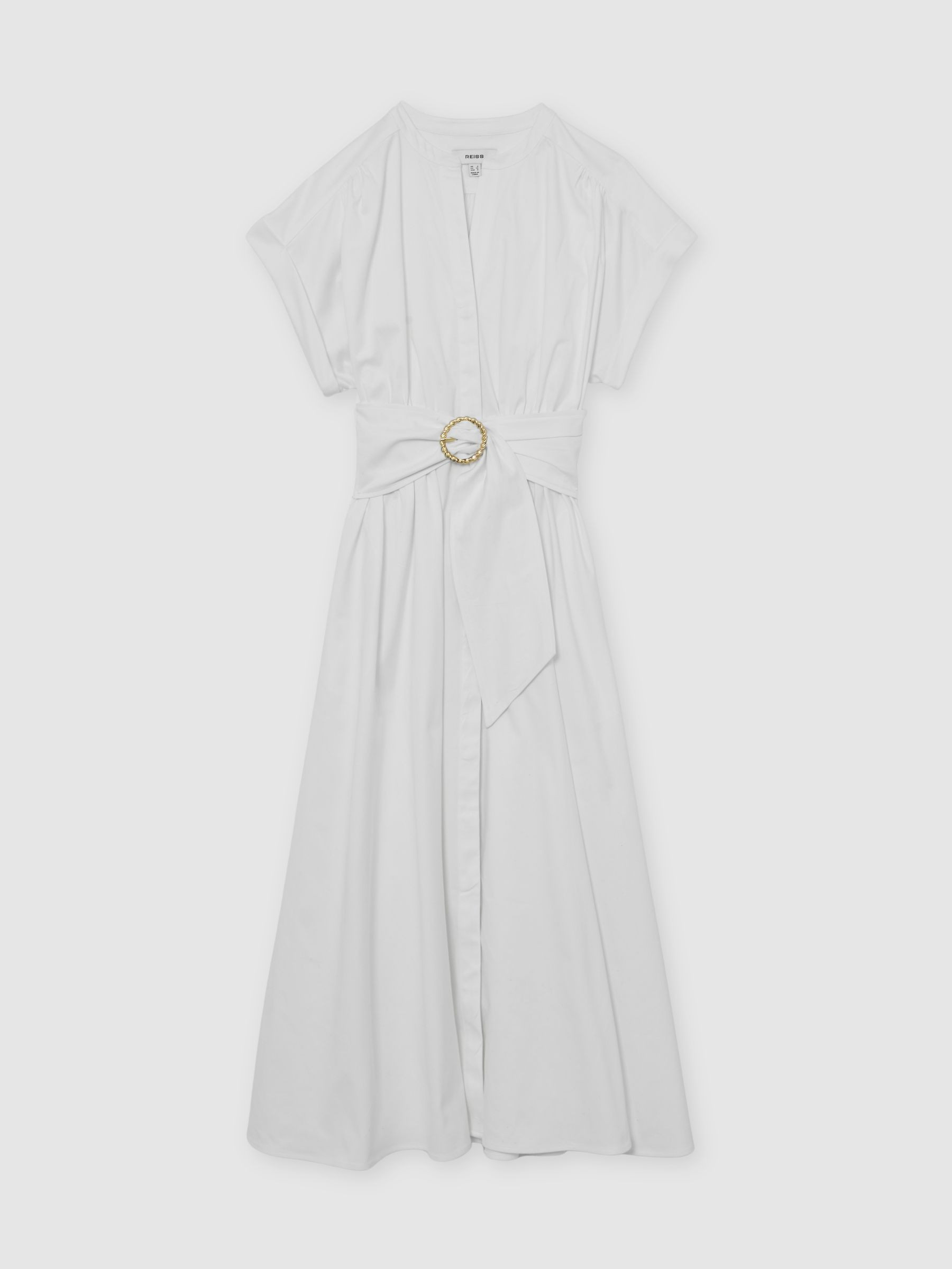 Cotton Short-Sleeve Belted Midi Dress with Stretch in Ivory | Reiss UK