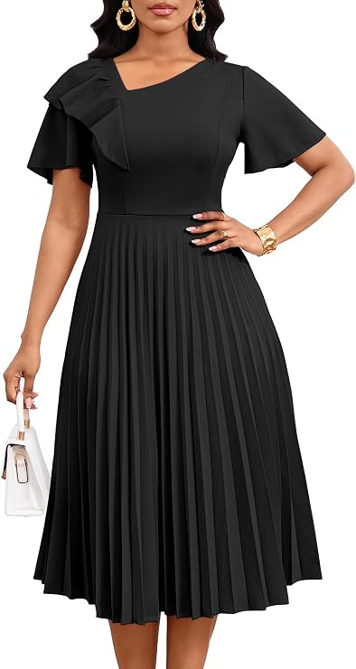 Nmoder Pleated Dress for Women|Short Sleeve Asymmetrical Ruffles Summer A Line Midi Dresses for C... | Amazon (US)