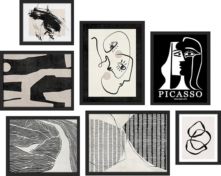 SIGNWIN Framed Wall Art Collage Print Gallery Set of 7 Black & White Picasso Style Faces Illustra... | Amazon (US)