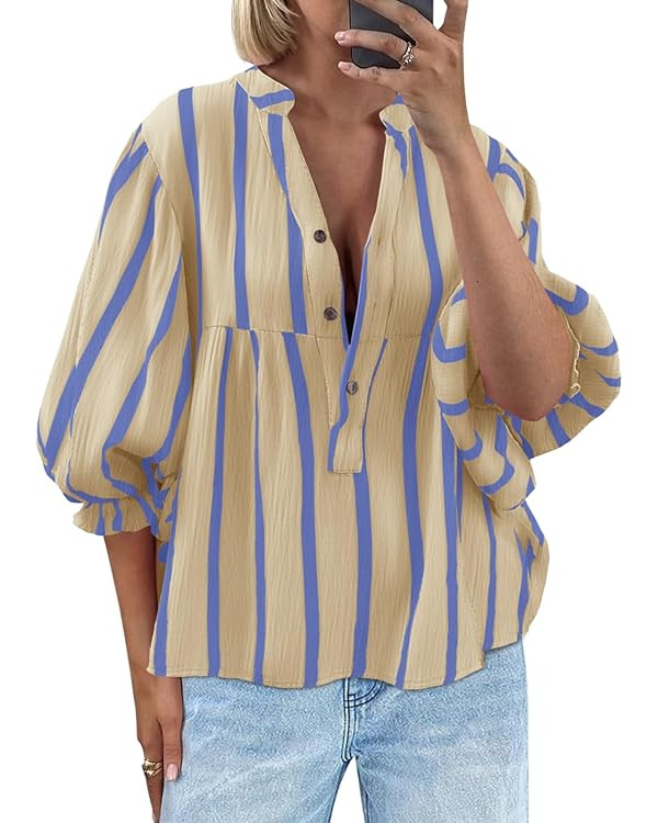 Tankaneo Womens Puff Sleeve Babydoll Tops Summer V Neck Striped Blouse Cute Casual Loose Fit Flow... | Amazon (US)
