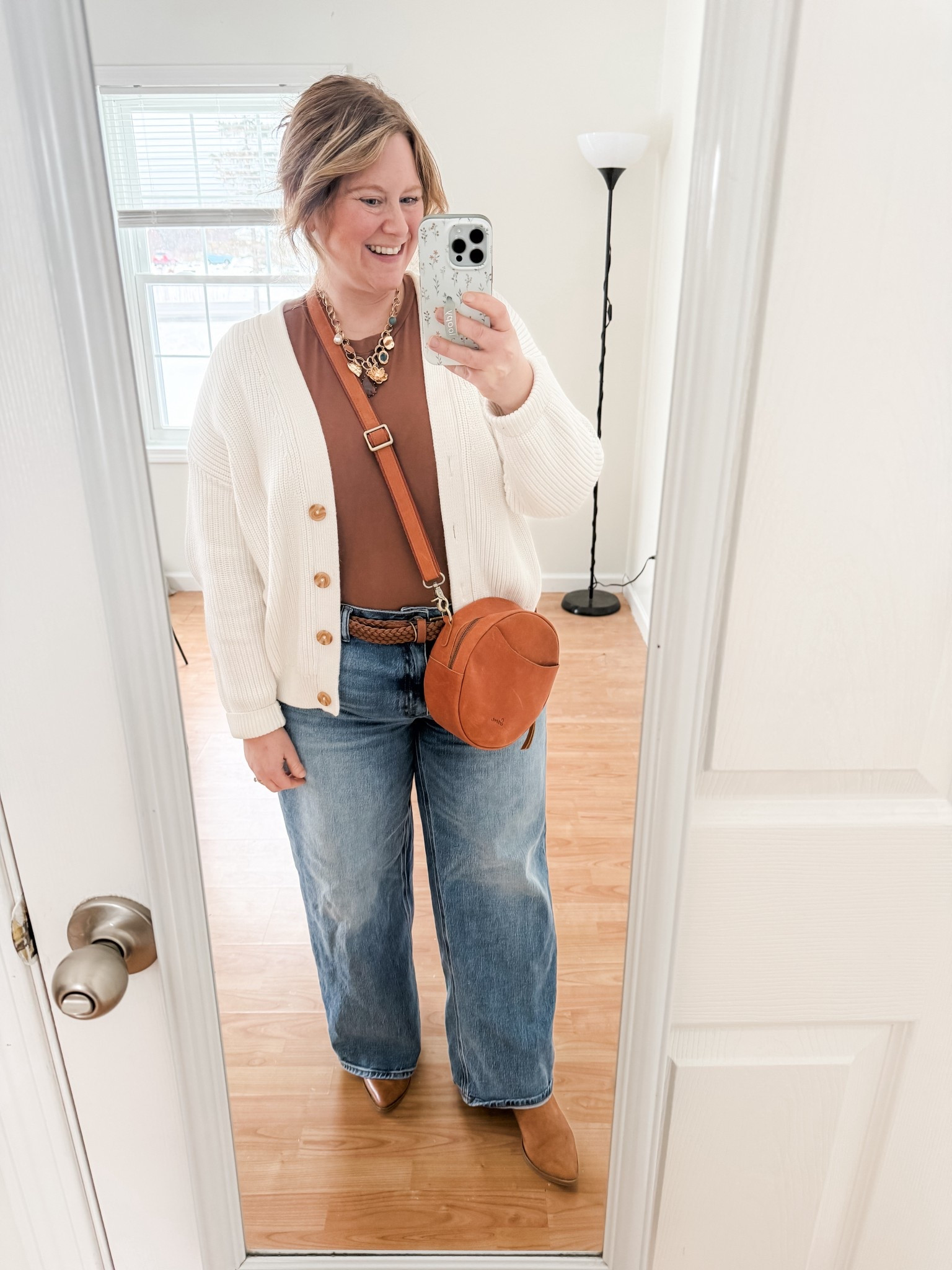 Church outfit! Wearing an XL in my brown tee, large in my Quince cardigan and a 32 with a 28 inseam in my Quince jeans.  

#LTKPetite #LTKMidsize #LTKFindsUnder50
