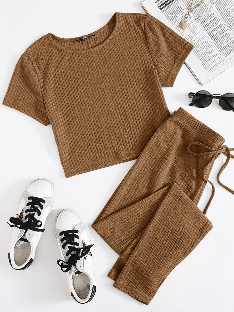SHEIN Rib-knit Top & Knot Waist Leggings Set | SHEIN