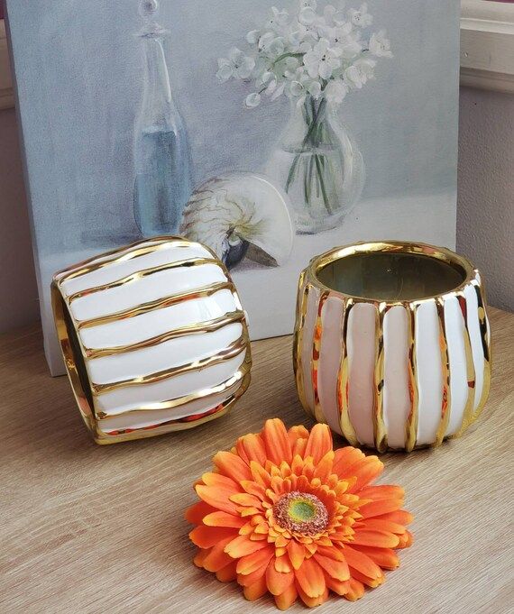 Gold Vase | Gold Ceramic Vase | White Vase | White Ceramic Vase Ceramic vase for Flowers | Gold a... | Etsy (US)