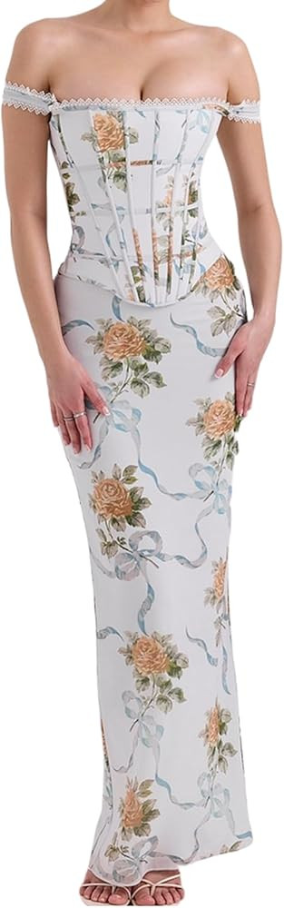 Women's Sleeveless Bodycon Corset Maxi Dress Floral Dress Lace Elegant Off Shoulder Evening Party... | Amazon (US)