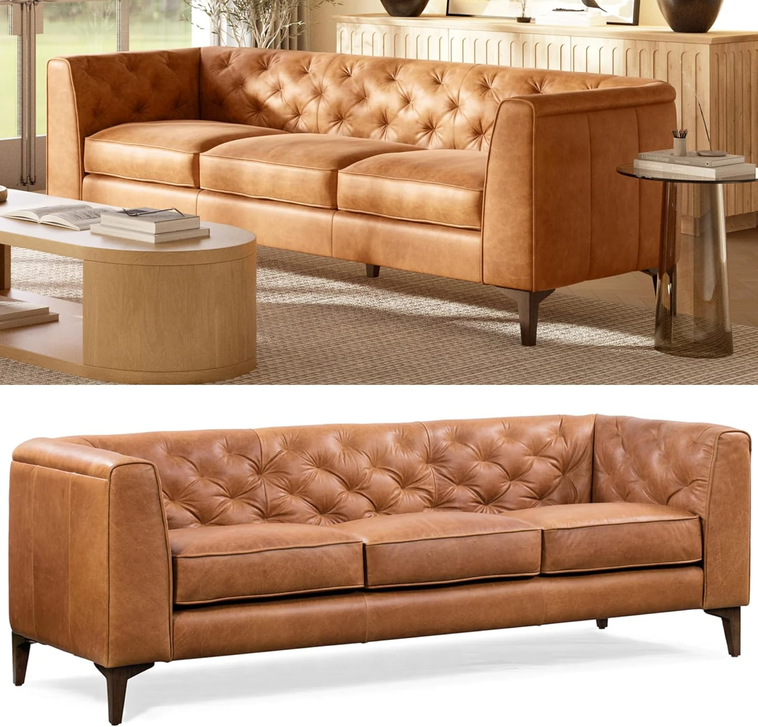 POLY & BARK Essex 89” Full-Grain Italian Leather Sofa – Tufted Back, Feather-Down Comfort, Solid Wood Frame, Cognac Tan | Amazon (US)