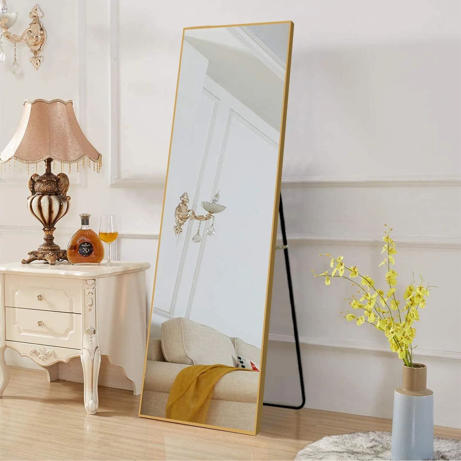 Neutype 65" x 22" Gold Rectangular Full Length Floor Mirror with Stand and Aluminum Alloy Frame -... | Walmart (US)