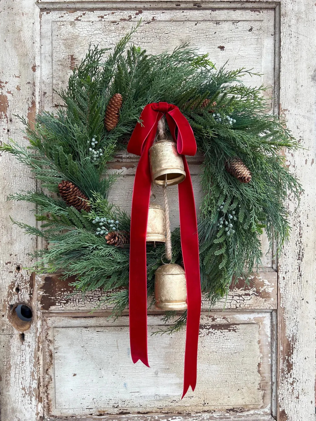 Norfolk Christmas Wreath With Gold Bells, Evergreen Christmas Wreath With Pine Cones, Faux Evergr... | Etsy (US)