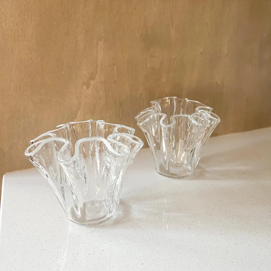 Vintage Folded Wavy Bowl, Muurla Inspired Glass Vases, Freeform Glass Bowl Vase, Clear Textured W... | Etsy (US)