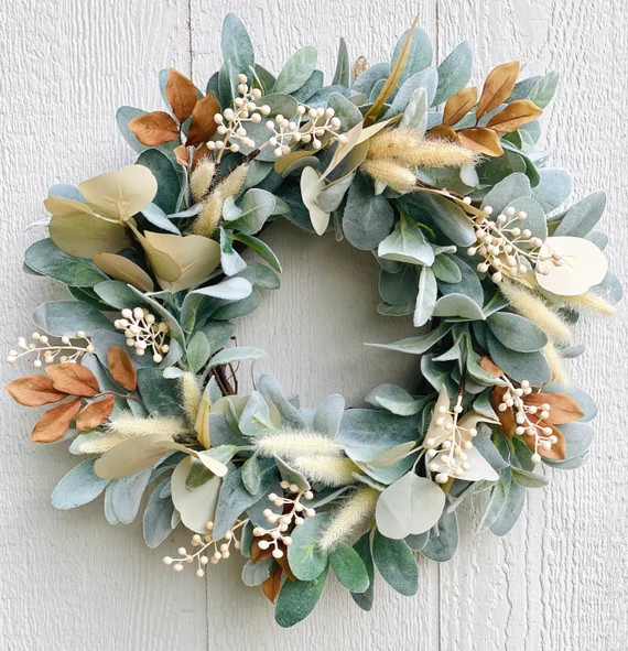 Fall Lamb’s  Ear Wreath, Fall Eucalyptus and Bunny Tail Wreath, Autumn Wreath For Front Door, N... | Etsy (US)