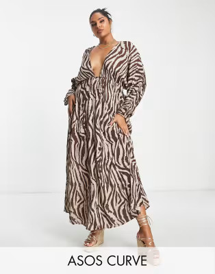 ASOS DESIGN Curve ruched long sleeve plunge beach maxi dress in animal print  | ASOS | ASOS (Global)