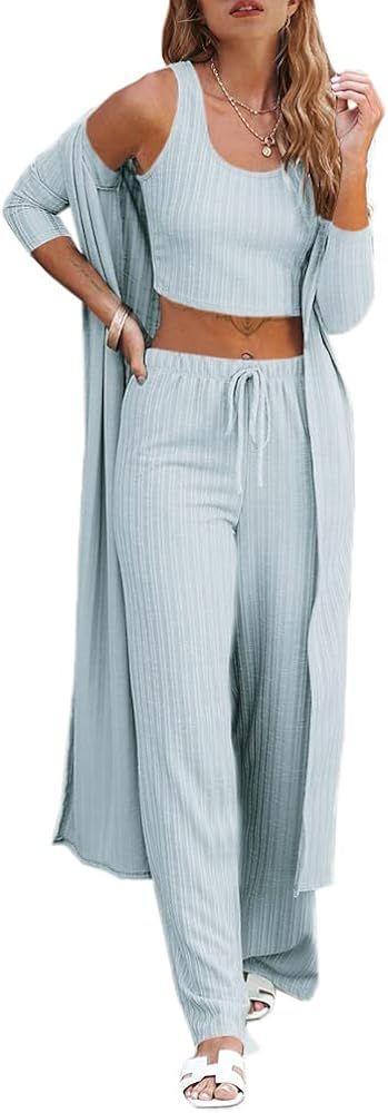 Fessceruna Womens Pajamas Set Fall Winter 3 Piece Loungewear Set Crop Top Loose Pants Cardigan | Amazon (US)