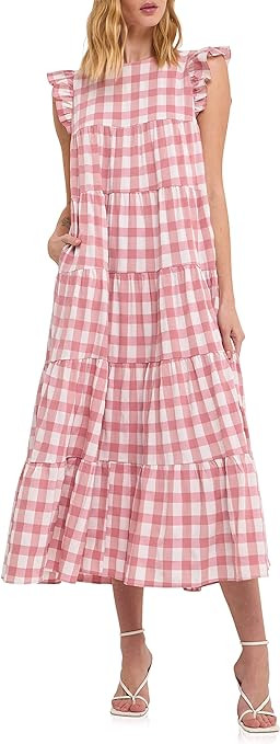 English Factory Women's Textured Gingham Maxi Tiered Baby Doll Dress | Amazon (US)