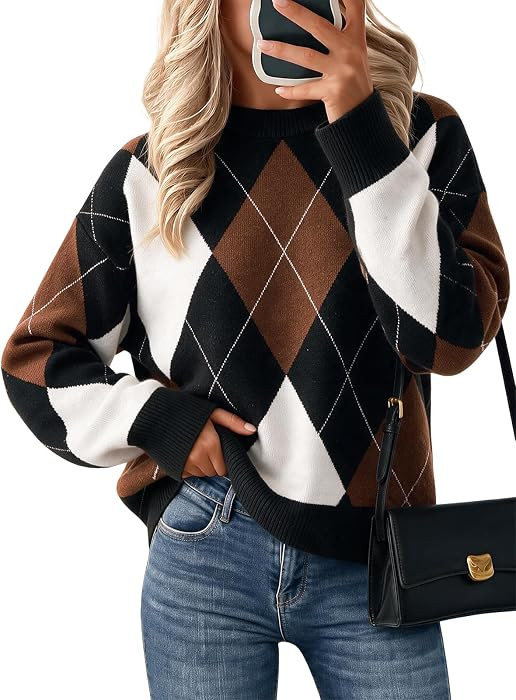 Cicy Bell Sweaters for Women Argyle Plaid Color Block Knit Pullover Tops | Amazon (US)