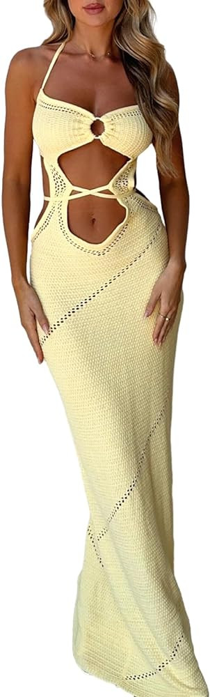 Women Y2K Crochet Knit Maxi Dress Lace Up Hollow Out Bodycon Long Dress Cover Up Backless Dress S... | Amazon (US)