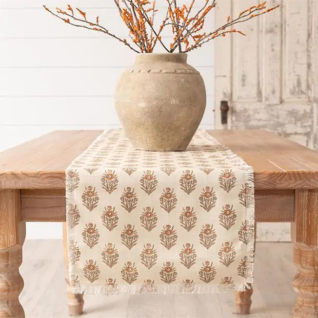 Floral Block Print Table Runner With Fringe | Antique Farm House