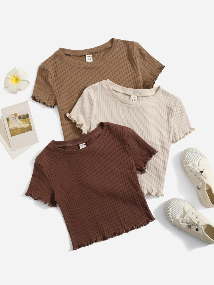 SHEIN Girls 3pcs Lettuce Trim Rib-knit Tee | SHEIN