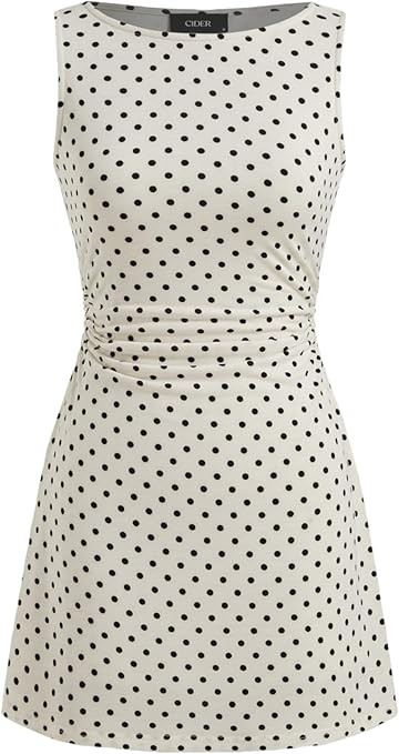 CIDER Mini Dress Polka Dot Ruched Bodycon Boat Neck Sleeveless Casual Elegant Party Date Slim Fit... | Amazon (US)