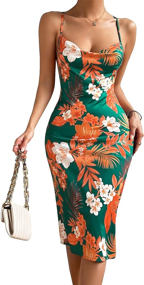 WDIRARA Women's Floral Print Cowl Neck Sleeveless Ruched Split Thigh Satin Cami Summer Dress | Amazon (US)