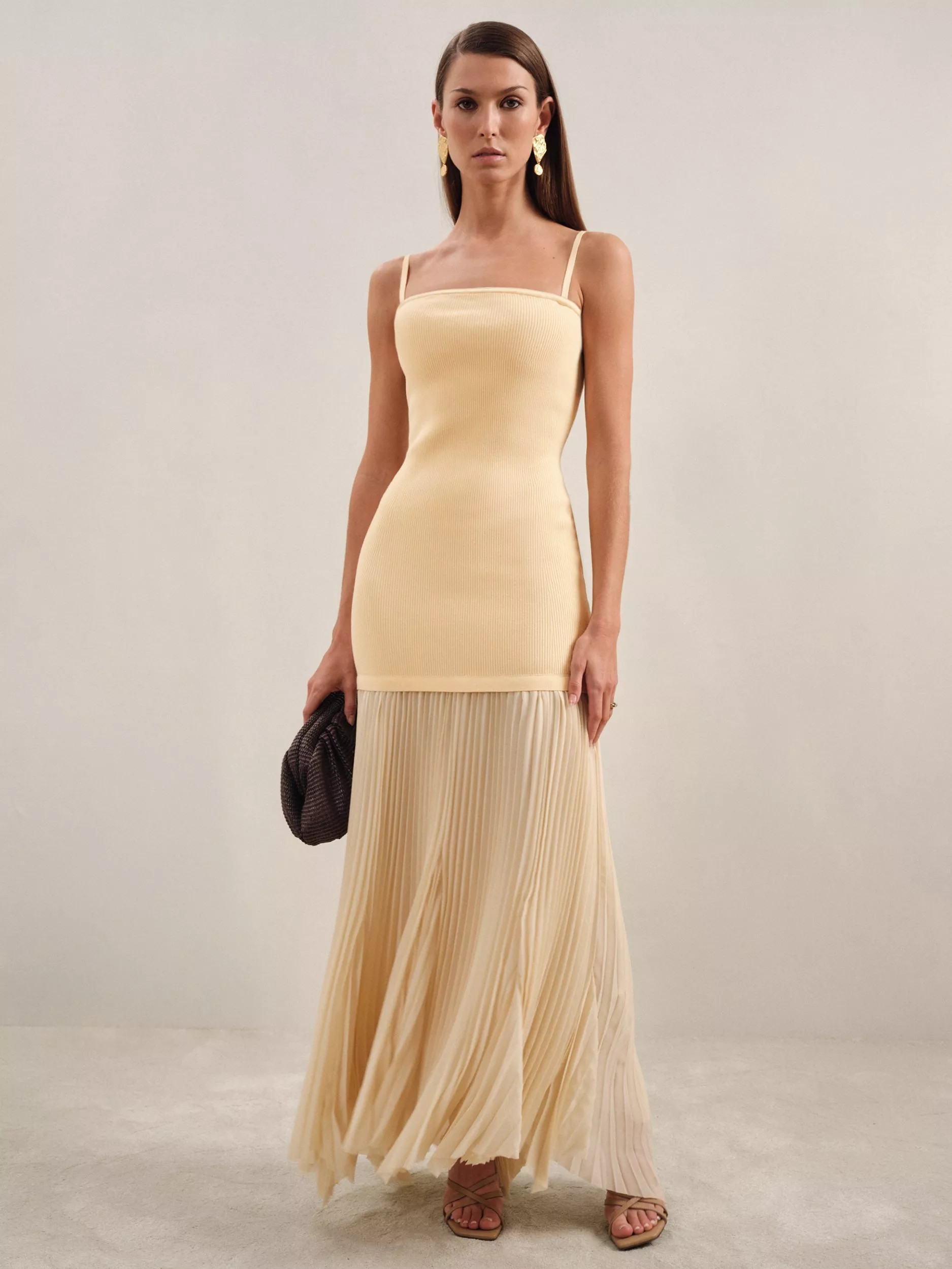 Reiss Milana Knit Woven Pleat Dress, Yellow | John Lewis (UK)