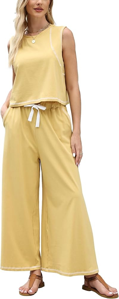 Women’s 2 Piece Lounge Set Sleeveless Tank Top & Wide Leg Pants Contrast Trim Relaxed Casual Ma... | Amazon (US)