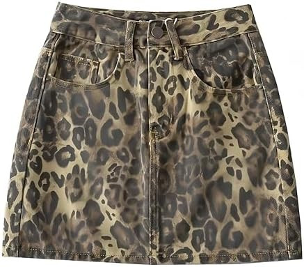 Denim Skirt Leopard Print Skirts for Women, Y2k Jeans Mini Skirt High Waisted with Pockets, Stree... | Amazon (US)