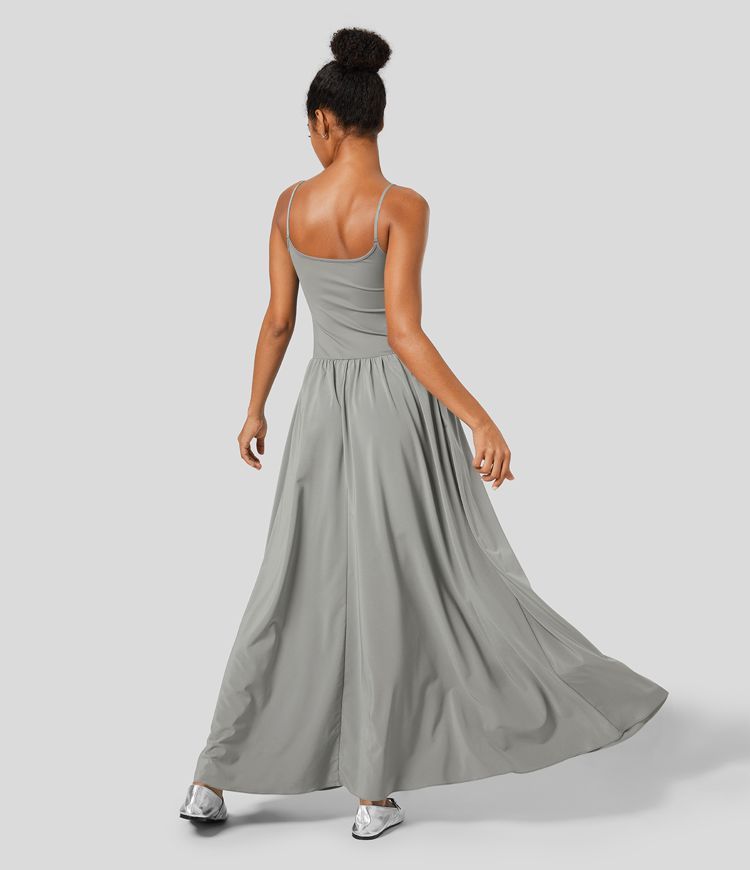 Breezeful™ Backless Side Pocket Plicated Flowy Flare Maxi Quick Dry Casual Slip Dress | HALARA
