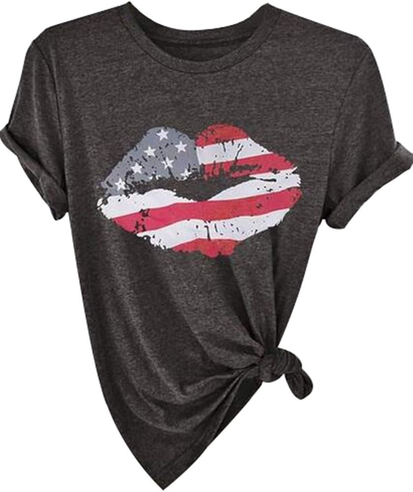 Amazon.com: KIDDAD Women's American Flag Lips Letter Print Graphic Funny T-Shirt USA Patriotic Su... | Amazon (US)