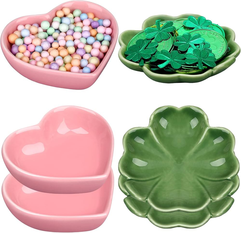 SiliFine 3 Pcs Four Leaf Clover Ceramic Dish and 3 Pcs Heart Shaped Bowl, Ceramic Ring Dish Trink... | Amazon (US)